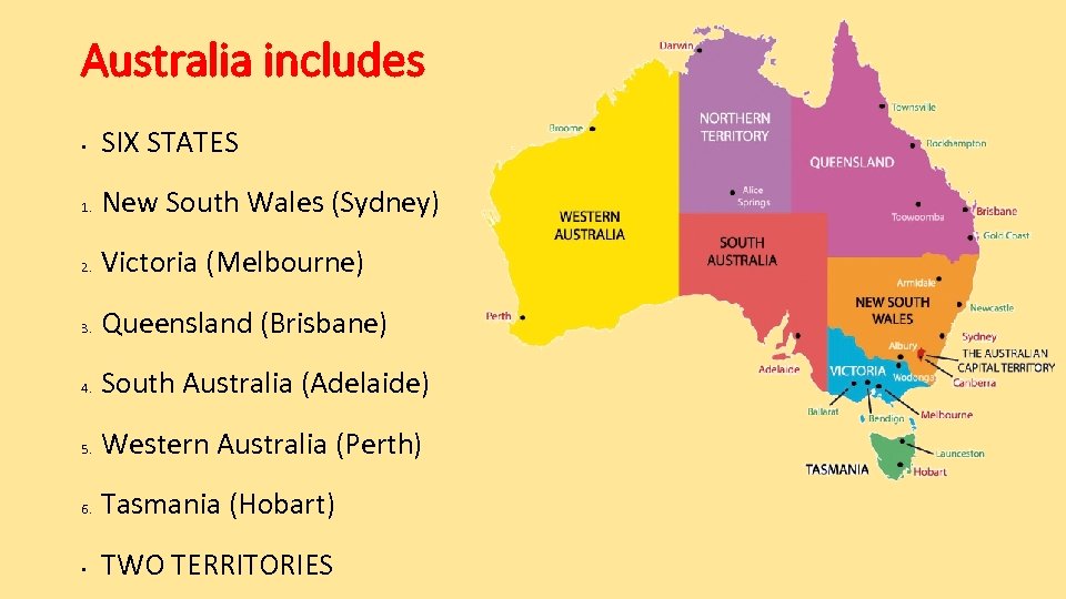 Australia includes • SIX STATES 1. New South Wales (Sydney) 2. Victoria (Melbourne) 3.