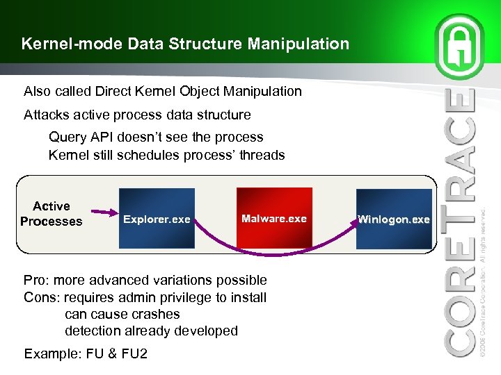 Kernel-mode Data Structure Manipulation Also called Direct Kernel Object Manipulation Attacks active process data
