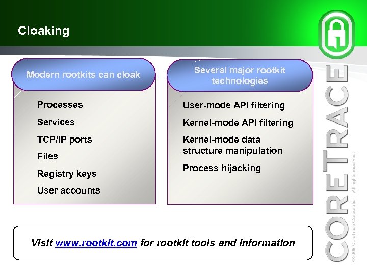 Cloaking Modern rootkits can cloak Several major rootkit technologies Processes User-mode API filtering Services