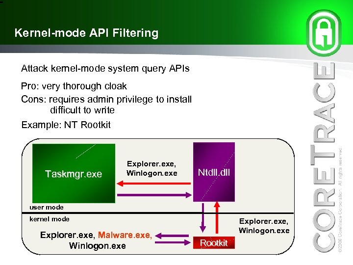 Kernel-mode API Filtering Attack kernel-mode system query APIs Pro: very thorough cloak Cons: requires