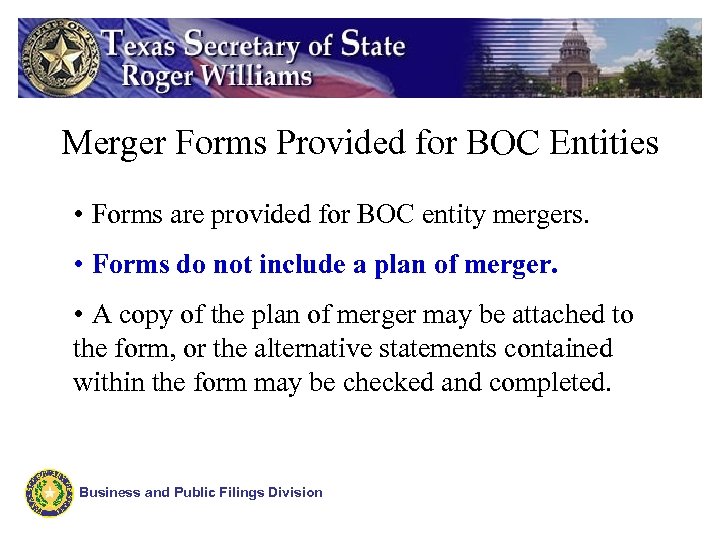 Merger Forms Provided for BOC Entities • Forms are provided for BOC entity mergers.