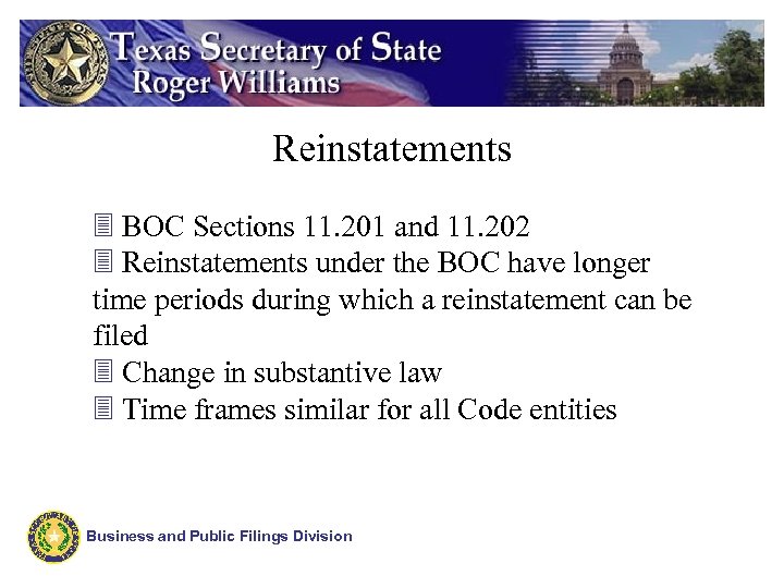 Reinstatements 3 BOC Sections 11. 201 and 11. 202 3 Reinstatements under the BOC