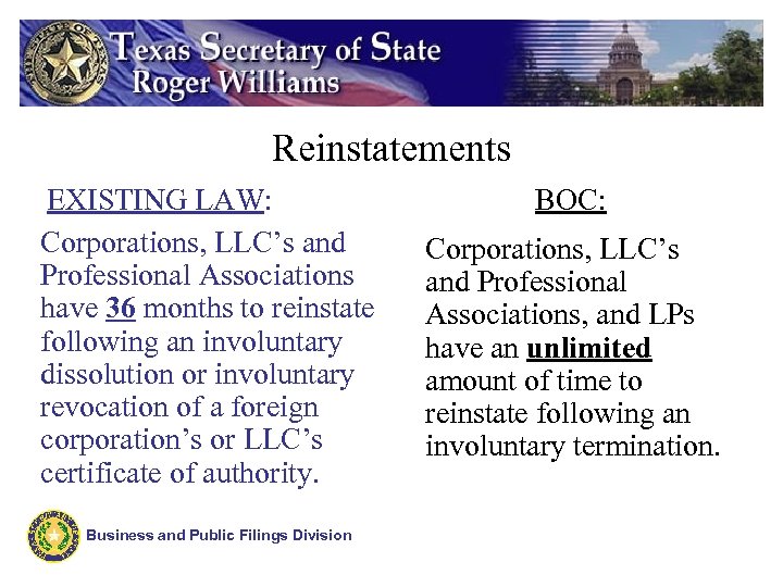 Reinstatements EXISTING LAW: Corporations, LLC’s and Professional Associations have 36 months to reinstate following