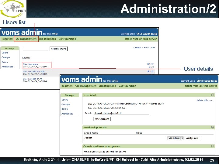 Administration GUI Administration/2 Users list User details Kolkata, Asia 2 2011 - Joint CHAIN/EU-India.