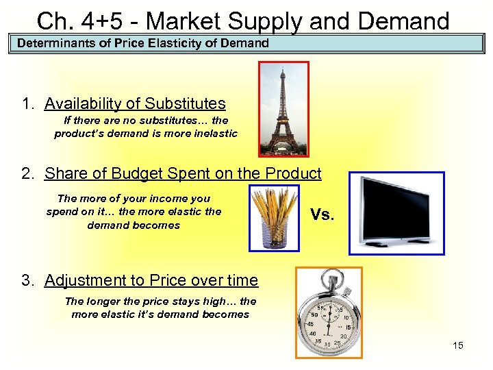 Ch. 4+5 - Market Supply and Demand Determinants of Price Elasticity of Demand 1.