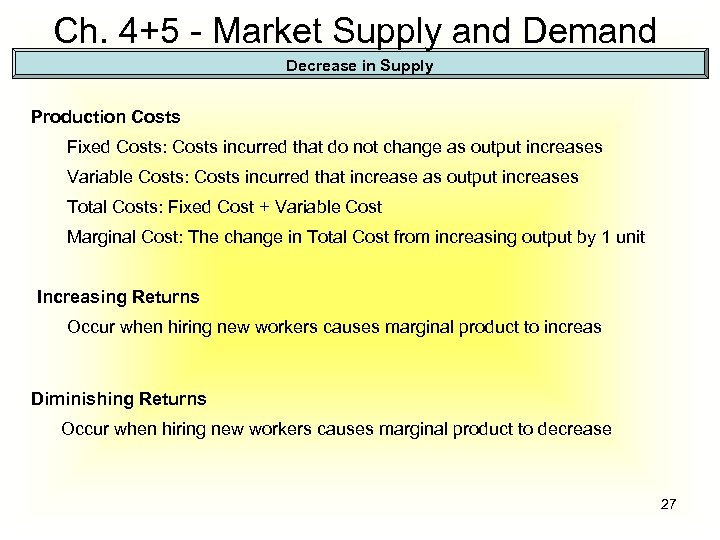 Ch. 4+5 - Market Supply and Demand Decrease in Supply Production Costs Fixed Costs: