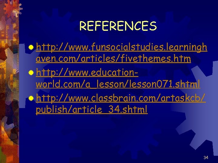 REFERENCES ® http: //www. funsocialstudies. learningh aven. com/articles/fivethemes. htm ® http: //www. educationworld. com/a_lesson/lesson