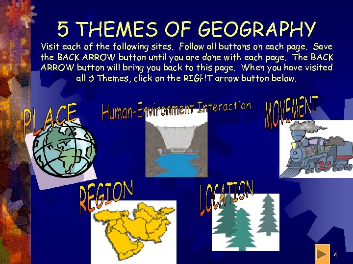 5 THEMES OF GEOGRAPHY Visit each of the following sites. Follow all buttons on