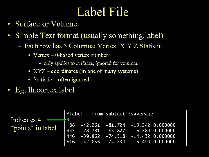 Label File • Surface or Volume • Simple Text format (usually something. label) –