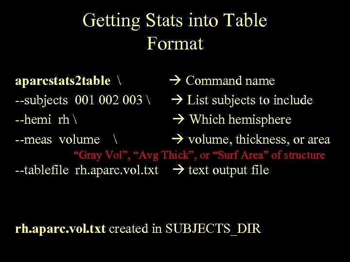 Getting Stats into Table Format aparcstats 2 table  --subjects 001 002 003 