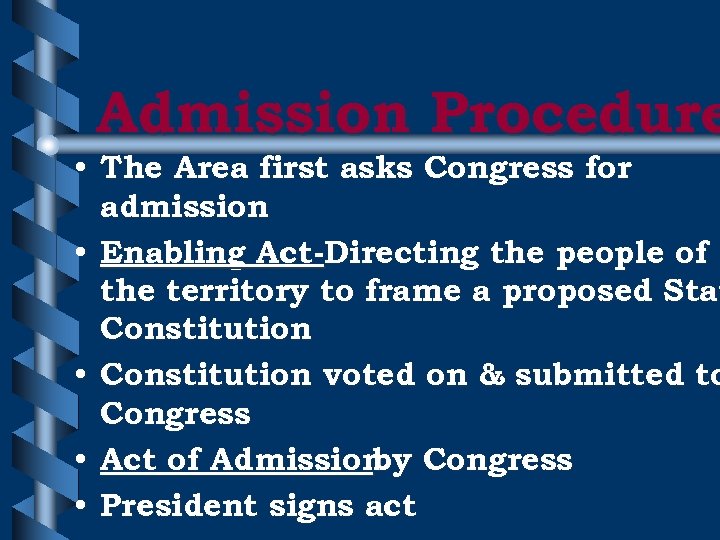 Admission Procedure • The Area first asks Congress for admission • Enabling Act-Directing the