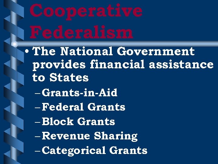 Cooperative Federalism • The National Government provides financial assistance to States – Grants-in-Aid –