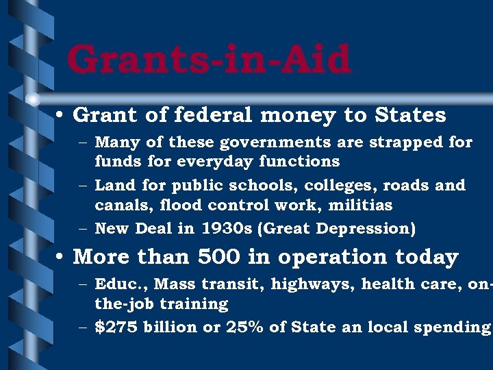 Grants-in-Aid • Grant of federal money to States – Many of these governments are