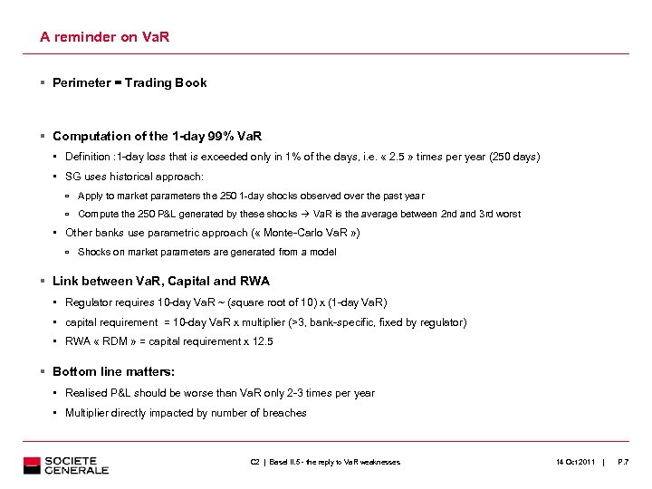 A reminder on Va. R Perimeter = Trading Book Computation of the 1 -day