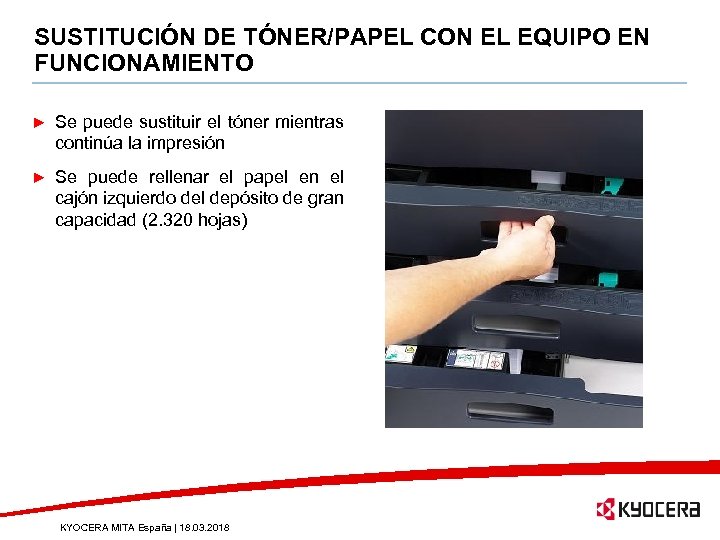 SUSTITUCIÓN DE TÓNER/PAPEL CON EL EQUIPO EN FUNCIONAMIENTO Se puede sustituir el tóner mientras