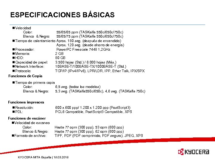 ESPECIFICACIONES BÁSICAS n. Velocidad Color: 55/65/65 ppm (TASKalfa 550 c/650 c/750 c) Blanco &