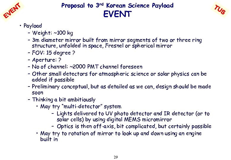 NT VE E Proposal to 3 rd Korean Science Payload EVENT • Payload –