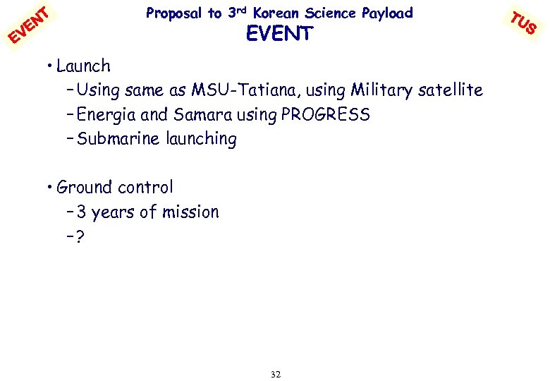 NT VE E Proposal to 3 rd Korean Science Payload EVENT • Launch –