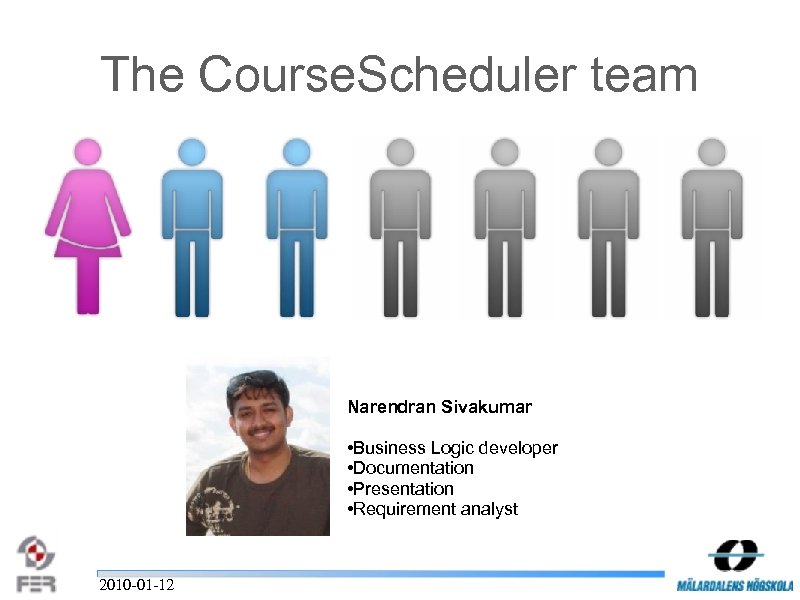 The Course. Scheduler team Narendran Sivakumar • Business Logic developer • Documentation • Presentation