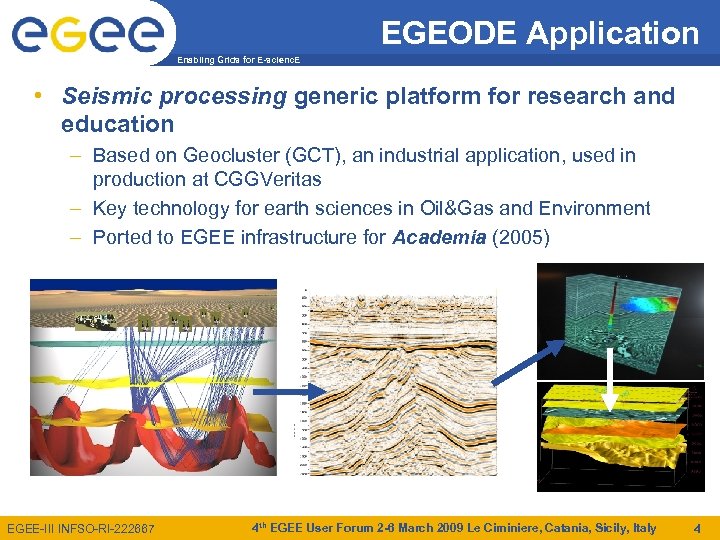 EGEODE Application Enabling Grids for E-scienc. E • Seismic processing generic platform for research