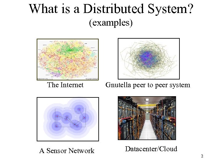 What is a Distributed System? (examples) The Internet A Sensor Network Gnutella peer to