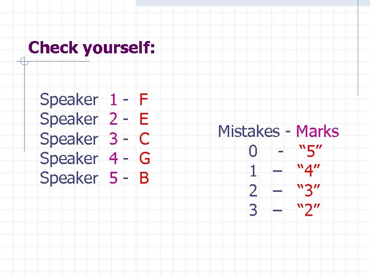 Check yourself: Speaker Speaker 1 2 3 4 5 - F E C G
