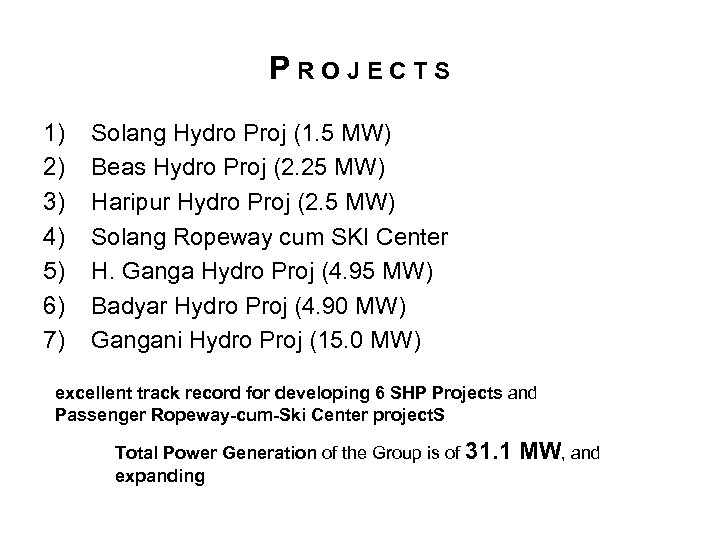 PROJECTS 1) 2) 3) 4) 5) 6) 7) Solang Hydro Proj (1. 5 MW)