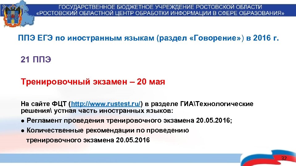 ППЭ ЕГЭ по иностранным языкам (раздел «Говорение» ) в 2016 г. 21 ППЭ Тренировочный