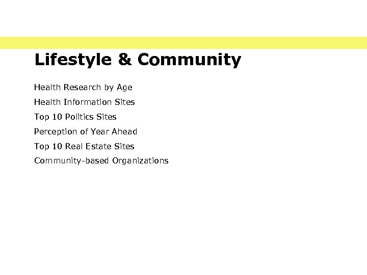 Lifestyle & Community Health Research by Age Health Information Sites Top 10 Politics Sites