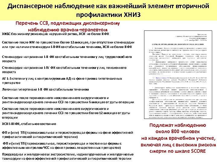 Диспансерное наблюдение как важнейший элемент вторичной профилактики ХНИЗ Перечень ССЗ, подлежащих диспансерному наблюдению врачом-терапевтом