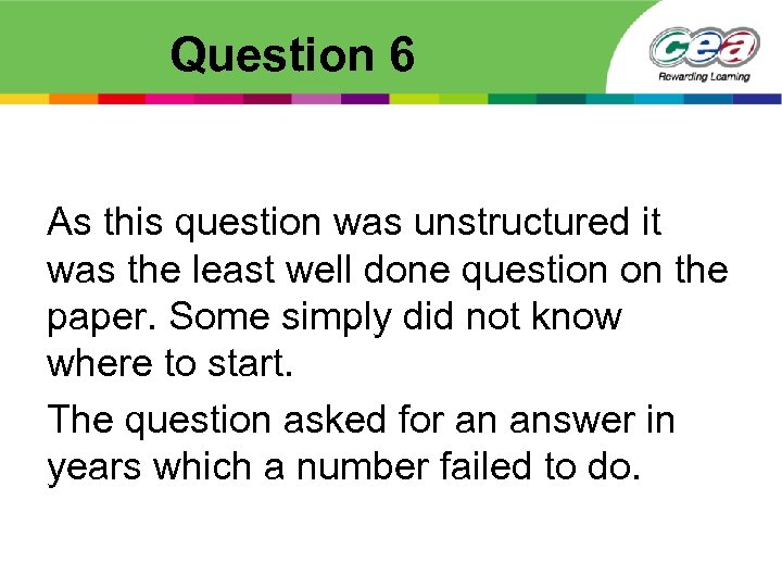 Question 6 As this question was unstructured it was the least well done question