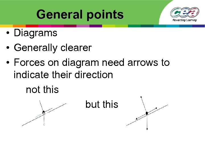 General points • Diagrams • Generally clearer • Forces on diagram need arrows to