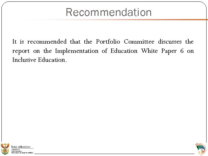 Recommendation It is recommended that the Portfolio Committee discusses the report on the Implementation