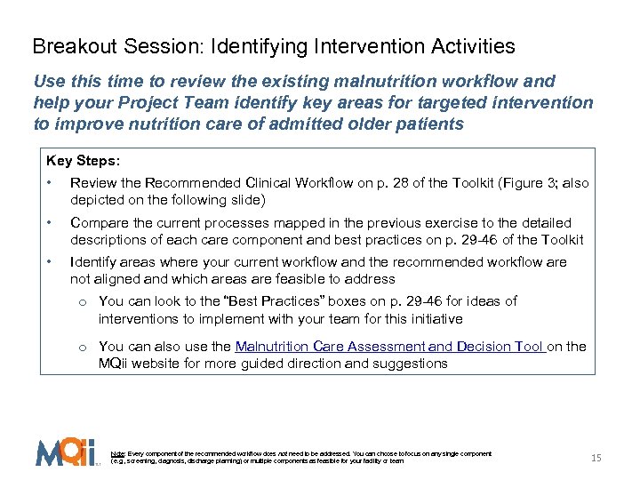 Breakout Session: Identifying Intervention Activities Use this time to review the existing malnutrition workflow