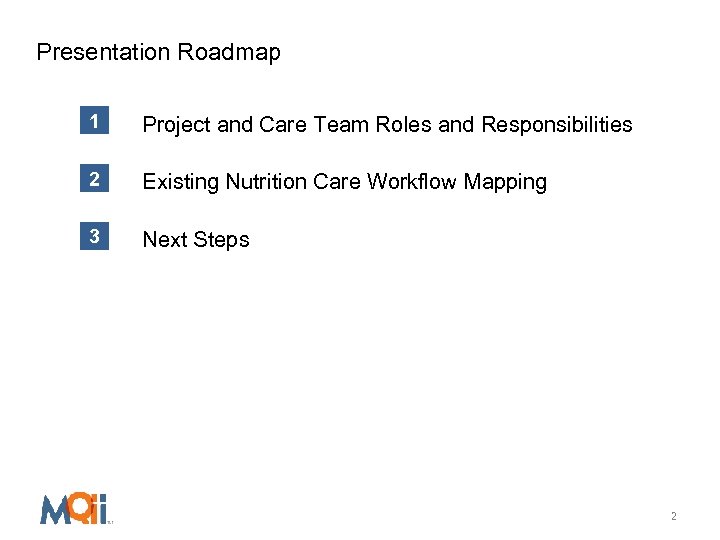 Presentation Roadmap 1 Project and Care Team Roles and Responsibilities 2 Existing Nutrition Care