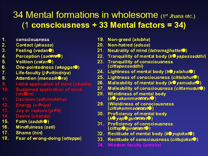 34 Mental formations in wholesome (1 st Jhana etc. ) (1 consciousness + 33