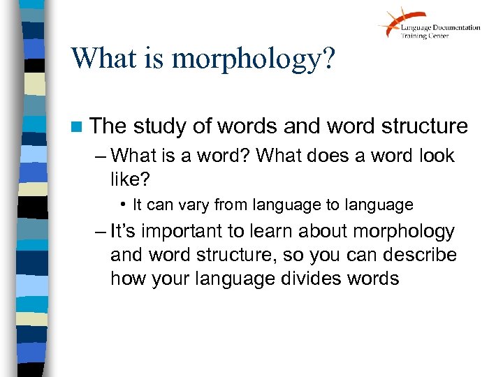 What is morphology? n The study of words and word structure – What is