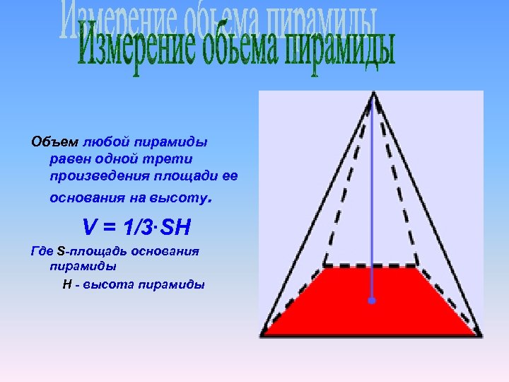 Площадь высоты пирамиды. Объем любой пирамиды. Объём любой пирамиды равен. Объем пирамиды равен одной трети произведения площади. Объем пирамиды равен 1 трети произведения площади основания на высоту.