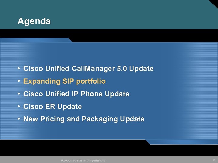 Agenda • Cisco Unified Call. Manager 5. 0 Update • Expanding SIP portfolio •