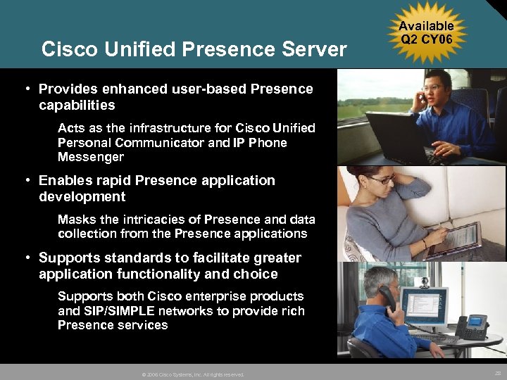 Cisco Unified Presence Server Available Q 2 CY 06 • Provides enhanced user-based Presence