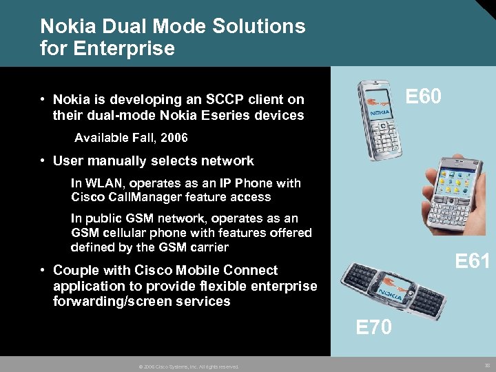 Nokia Dual Mode Solutions for Enterprise E 60 • Nokia is developing an SCCP