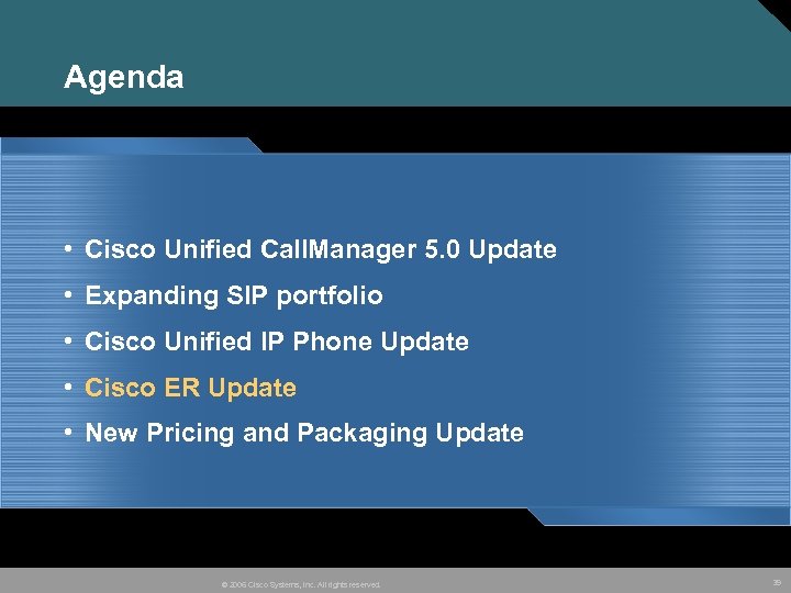Agenda • Cisco Unified Call. Manager 5. 0 Update • Expanding SIP portfolio •