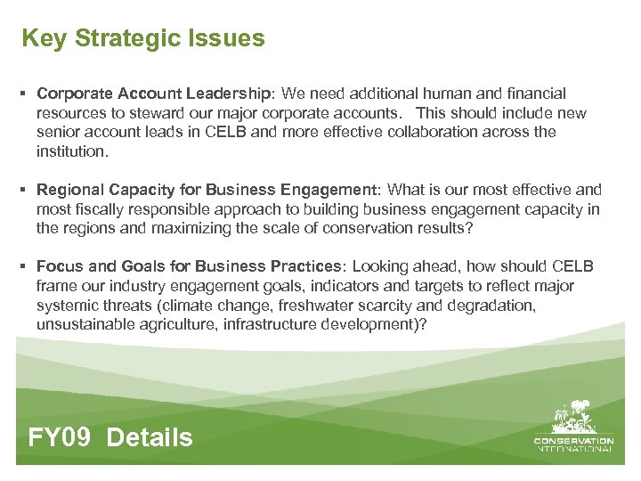 Key Strategic Issues § Corporate Account Leadership: We need additional human and financial resources