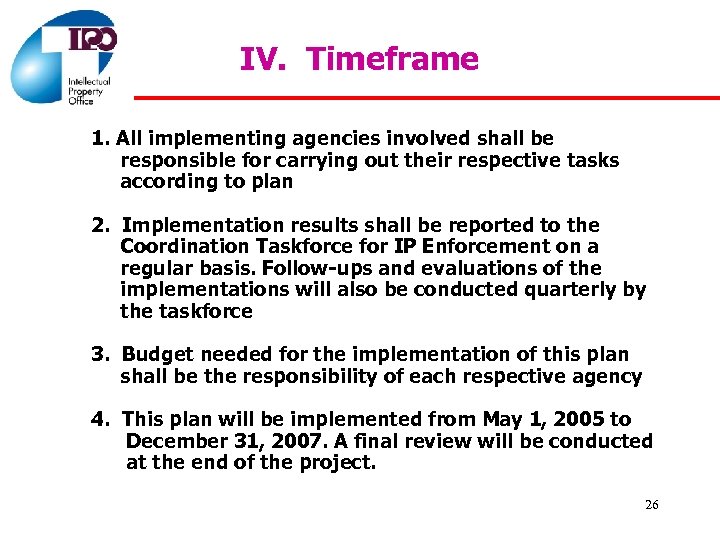 IV. Timeframe 1. All implementing agencies involved shall be responsible for carrying out their