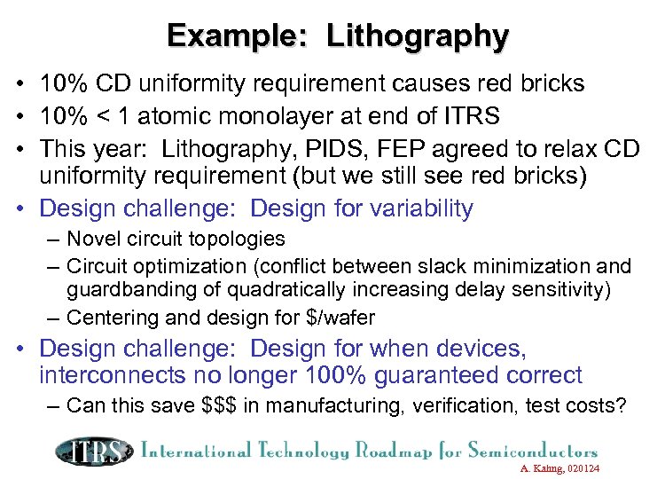 Example: Lithography • 10% CD uniformity requirement causes red bricks • 10% < 1