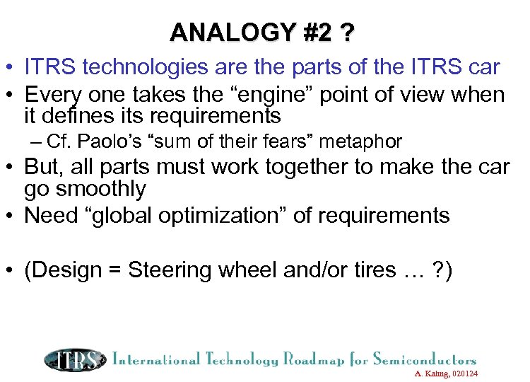 ANALOGY #2 ? • ITRS technologies are the parts of the ITRS car •