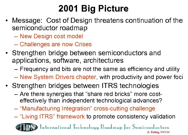 2001 Big Picture • Message: Cost of Design threatens continuation of the semiconductor roadmap