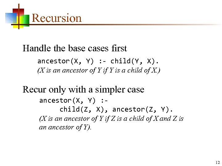 Recursion Handle the base cases first ancestor(X, Y) : - child(Y, X). (X is