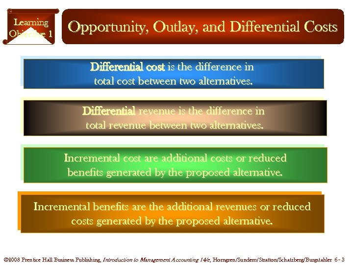 Learning Objective 1 Opportunity, Outlay, and Differential Costs Differential cost is the difference in