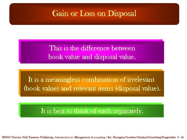 Gain or Loss on Disposal This is the difference between book value and disposal